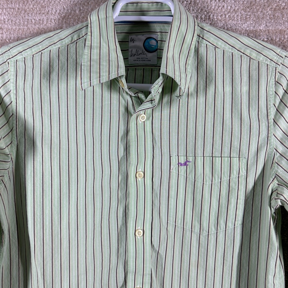Hollister Mens Vintage Y2K Coastal Striped Button Up Shirt Green L Streetwear